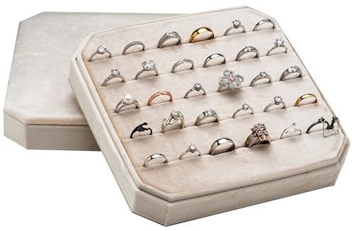 Multiple Velvet Ring Storage Organizer Display Tray Jewelry Box | Earring Holder Case for Wedding Birthday Christmas Day (Beige) - color: Beige