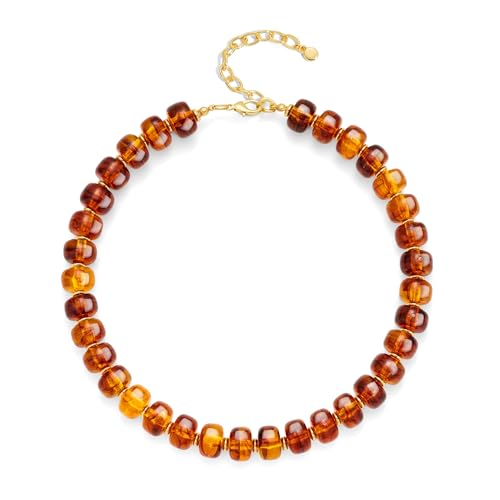 Chunky Beads Necklace for Women Trendy Gold Puffy Heart Choker Necklace Colorful Resin Beaded Heart Pendant Necklaces Statement Jewelry - color: Brown