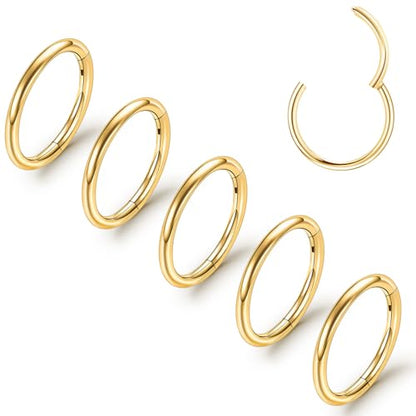 ONESING 5pcs Nose Rings Hoops 14G-20G Hinged CZ Conch Piercing Jewelry 316L Surgical Steel Septum & Lip Rings 6mm-14mm - color: Gold, size: 18G(1mm)-8mm
