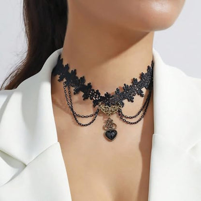 Qceasiy Gothic Black Necklace for Women, Adjustable Victorian Velvet Lace Collar, Halloween Party Cosplay Jewelry Gift - style: Black Heart Pendant
