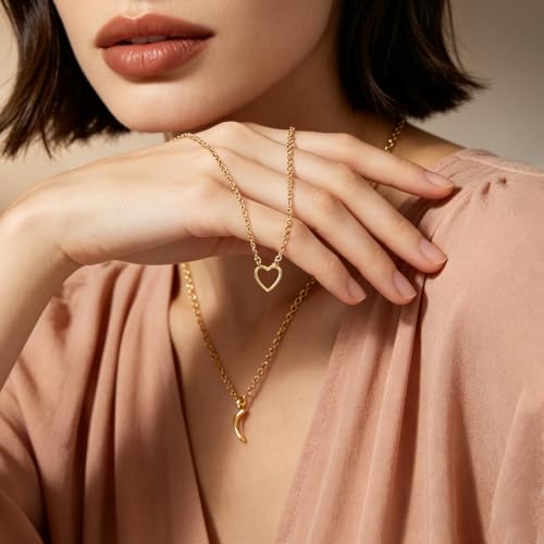 Pendant Necklace for Women, Fashion Jewelry, 14k Gold-Plated Star/Sun/Moon/Heart Set/Necklace Gift for Friends - color: Heartset-G