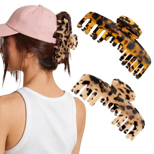 2 Pcs Large Hat Claw Clips for Women, Double Row Teeth Hair Claw Clips | Acetate Tortoise Shell Trucker Hat Hair Clips for Baseball Cap, Fit for Thin Thick Hair Hat Hairstyles,Gifts Hair Accessories
