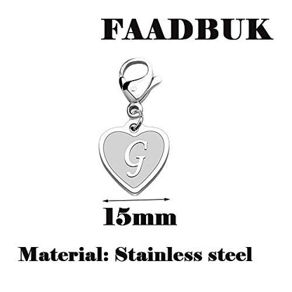 FAADBUK Initial Letter A-Z Alphabet Heart Charms for Jewelry Bracelet Keychain Necklace Initial Stainless steel Clasp Clip on Charm - color: intial G