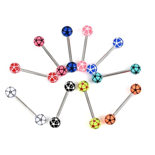 10pc 14G Tongue Ring Surgical Steel Bar UV Acrylic Ball Multi Color Star & Football Pattern Barbell Body Piercing Jewelry
