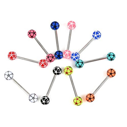 10pc 14G Tongue Ring Surgical Steel Bar UV Acrylic Ball Multi Color Star & Football Pattern Barbell Body Piercing Jewelry