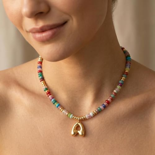 YOUFENG Initial Letter Necklaces for Women Colorful Beaded Gemstone Choker 14K Gold Plated Bubble Letter Pendant Necklace Natural Stone Handmade Jewelry Gift - color: A