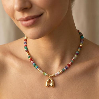 YOUFENG Initial Letter Necklaces for Women Colorful Beaded Gemstone Choker 14K Gold Plated Bubble Letter Pendant Necklace Natural Stone Handmade Jewelry Gift - color: A