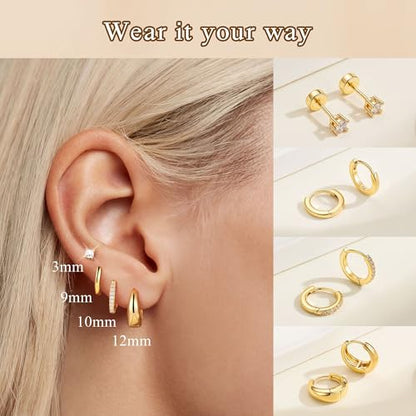 M MOOHAM Gold Hoop Earrings for Women Girls, Hypoallergenic Earring Stacks | Dainty 14K Real Gold Plated Earring Set for Sensitive Ears, Waterproof Non-Tarnish, Lightweight & Comfy, Jewelry Gifts - color: 14K Gold Plated
