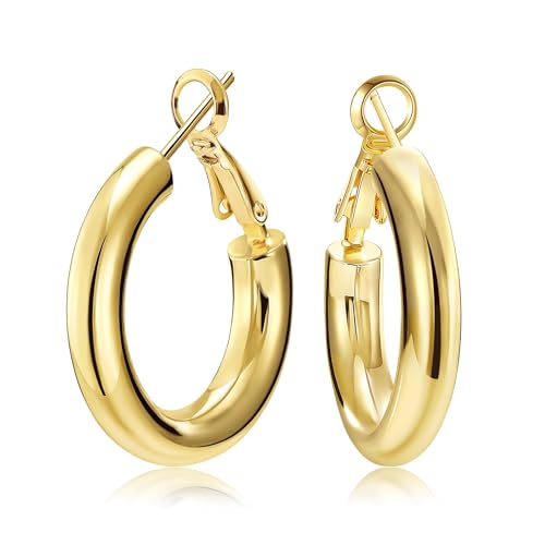 SHOWNII Chunky Gold Hoop Earrings - 14K Gold Plated Earrings for Women Hollow Tube Lightweight Thick Hoops 20/25/30/40mm Valentines Graduation Mother's Day Birthday Gifts - color: 25 Millimeters-Gold Plated