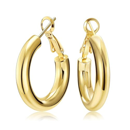 SHOWNII Chunky Gold Hoop Earrings - 14K Gold Plated Earrings for Women Hollow Tube Lightweight Thick Hoops 20/25/30/40mm Valentines Graduation Mother's Day Birthday Gifts - color: 25 Millimeters-Gold Plated