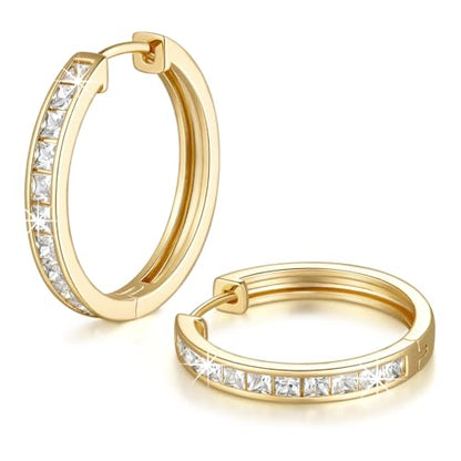 14K Gold Earrings for Women Gold Hoop Earrings for Women | Dainty Gold Earrings for Women Stylish 14K Gold Hoop Earrings for Women Square Cubic Zirconia Huggie Hoop Earrings 15/20/25mm - size: 25mm