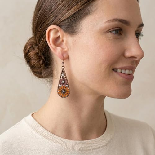 Bohemian Crystal Teardrop Dangle Earrings, Copper, Tribal Geometric Design, Handmade National Style for Women - color: Burnt Orange