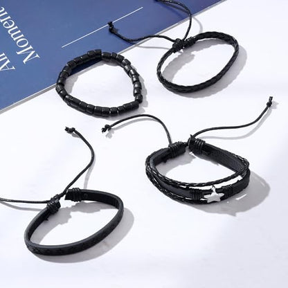 Braided Faux Leather Bracelet Punk Cuff Wrap Bracelets for Men Women Skull,Star,Bull bracelets - color: A1:4PCS