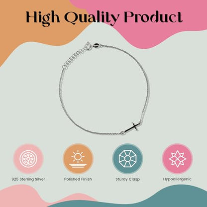 FashionJunkie4Life Sterling Silver Adjustable Link Anklet with Extension, Sterling Silver ankle bracelets for women, Summer bracelets, Foot Jewelry, Boho Jewelry for women - color: Sideways Cross