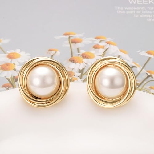 Pearl and Rhinestone Stud Earrings for Women Retro Statement Earrings Wedding Party Prom Jewelry - color: Big Pearl-Gold