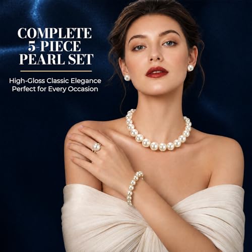 4 Pcs Pearl Necklace Set for Women, Large Faux Pearls Jewelry with Earrings Bracelet, Collar De Perlas Accessories Para Mujer