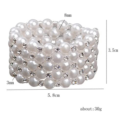 Multi Row Imitition Pearl Stretch Bracelet Stackable Crystal Strand Multi-Layered Elastic Bangle for Women 1920s Costume Vintage Bridal Wedding Jewelry-2 Rows