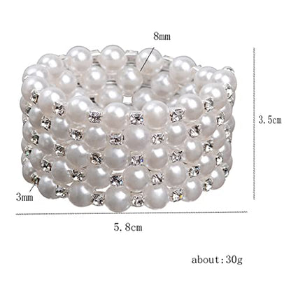 Multi Row Imitition Pearl Stretch Bracelet Stackable Crystal Strand Multi-Layered Elastic Bangle for Women 1920s Costume Vintage Bridal Wedding Jewelry-2 Rows
