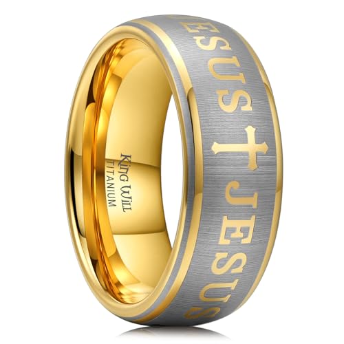 King Will 8mm Titanium Rings for Men Lord's Prayer Engraved Mens Cross Ring Vintage Religious Band Polished Brushed - color: Gold - Cross Runes Engraved