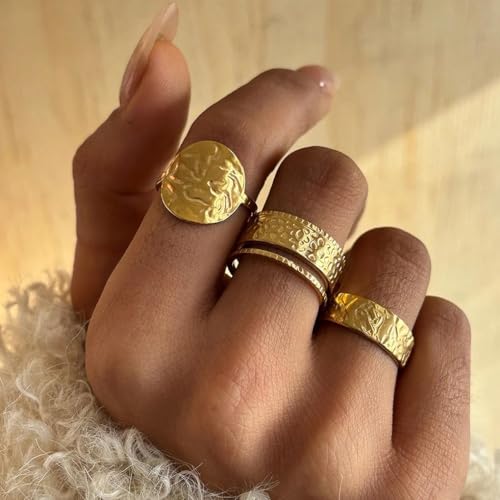 3Pcs Gold Chunky Hammered Geometric Open Ring Set for Women,Boho Retro Textured Stackable Band Statement Rings Modern Minimalist Jewelry Gifts - color: Golden