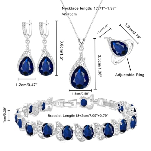 LMXXVJ Jewelry Set for Women,Teardrop Cubic Zirconia Necklace Earrings Adjustable Ring Bracelet Jewelry Set Formal Jewelry Gift - color: ZYSD-White Gold-Blue