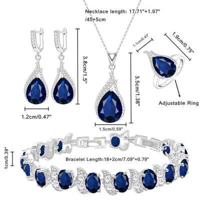 LMXXVJ Jewelry Set for Women,Teardrop Cubic Zirconia Necklace Earrings Adjustable Ring Bracelet Jewelry Set Formal Jewelry Gift - color: ZYSD-White Gold-Blue