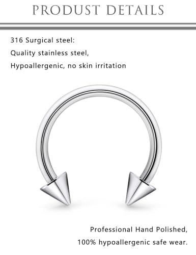 Hoeudjo 16G Horseshoe Septum Rings with Ball Grabber Tool Hypoallergenic Surgical Steel Septum Piercing Jewelry Lip Rings for Women Men Diameter 6mm 8mm 10mm 12mm - color: silvertone