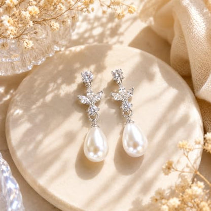 Pearl Dangle Clip On Earrings for Women - 14K Gold Silver Plated Cubic Zirconia Pearl Drop Earrings Trendy Long Non Pierced Bridal Earrings Fashion Jewelry Gifts - color: Silver