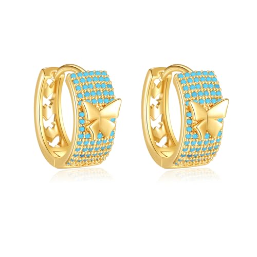 Turquoise Hoop Earrings for Women/Men 18K Real Gold Plated Cubic Zirconia Hoop Earrings Hypoallergenic Cartilage Ear Jewelry - color: Butterfly