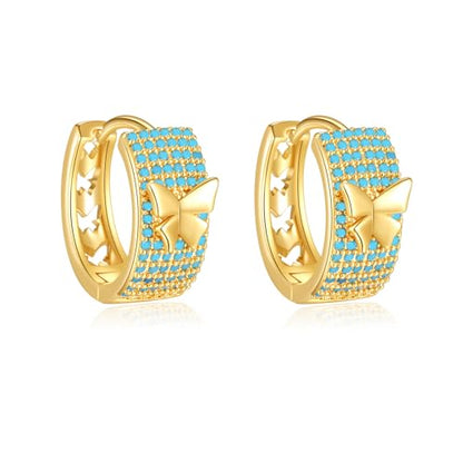 Turquoise Hoop Earrings for Women/Men 18K Real Gold Plated Cubic Zirconia Hoop Earrings Hypoallergenic Cartilage Ear Jewelry - color: Butterfly