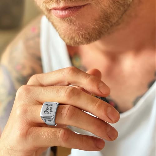 Custom Signet Ring for Men Personalized Initial Ring Custom Mens Rings Engraved Ring Customized Memorial Graduation Gifts for Father Husband Boyfriend Friends - color: Square Silver