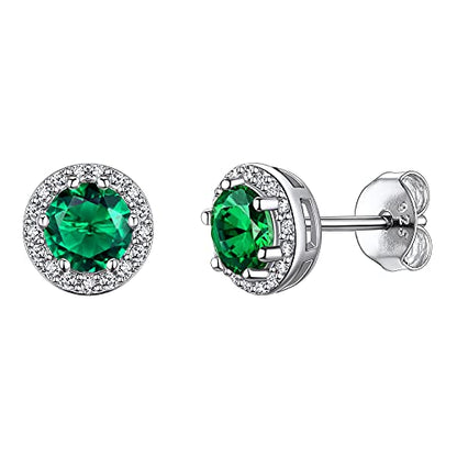 Suplight 925 Sterling Silver Birthstone Stud Earrings for Women, Round/Heart/Teardrop/Square Crystal Diamond Earrings for Women, Dainty Birthday Gifts Jewelry - color: style a-05. round-May(Created Emerald)