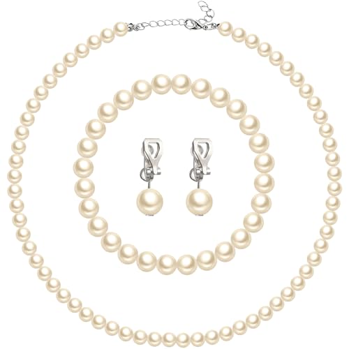 3 Pcs Pearl Jewelry Set Faux Pearl Clip on Earring Necklace Bracelet for Women Bridesmaid Birthday Wedding Gift - color: Beige, size: 8 mm