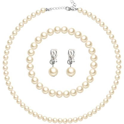 3 Pcs Pearl Jewelry Set Faux Pearl Clip on Earring Necklace Bracelet for Women Bridesmaid Birthday Wedding Gift - color: Beige, size: 8 mm