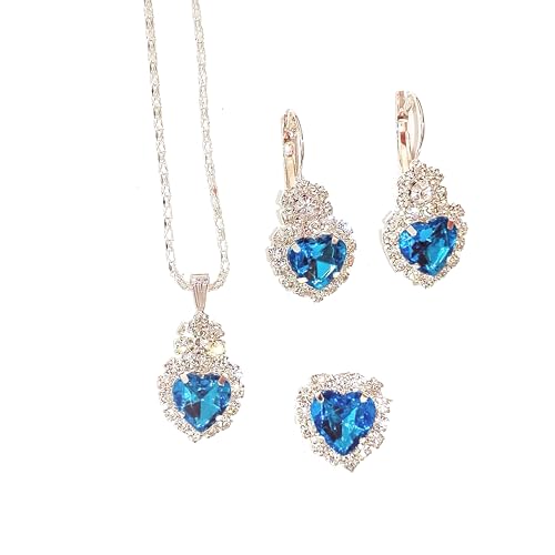Jewelry Set for Women Love Heart Alloy Artificial Crystal Earrings Pendant Necklace Ring Wedding Party Prom Anniversary Birthday Engagement for Bridal Bridesmaid Girlfriend - color: blue Heart
