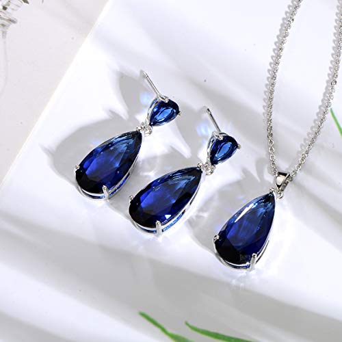 Wedding Jewelry Set for Bridesmaids - Sterling Silver Teardrop CZ Crystal Cubic Zirconia Rhinestone Diamond Bridal Necklace Earrings Set for Bride Mother of Bride Party Prom Birthstone Costume Jewelry - color: Sept-Sapphire