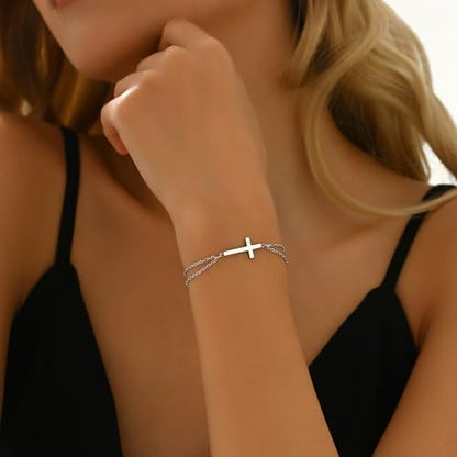 18K Gold Plated Pearl Beaded Cross Bracelets for Women Adjustable Stainless Steel Dainty Thin Gold Box Cuban Twisted Link Chain Bracelet Bridesmaid Jewelry Gifts - color: Double O Cross-White Gold