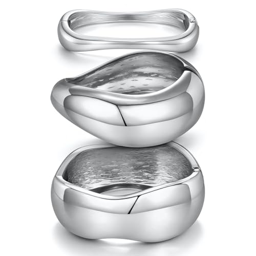 Chunky Gold Bangle Bracelets for Women Trendy 14K Gold Plated Cuff Bracelets Stack, Dainty Gold Bracelet Sets Non Tarnish Fashion Jewelry Gift - style: Silver-3pc-013