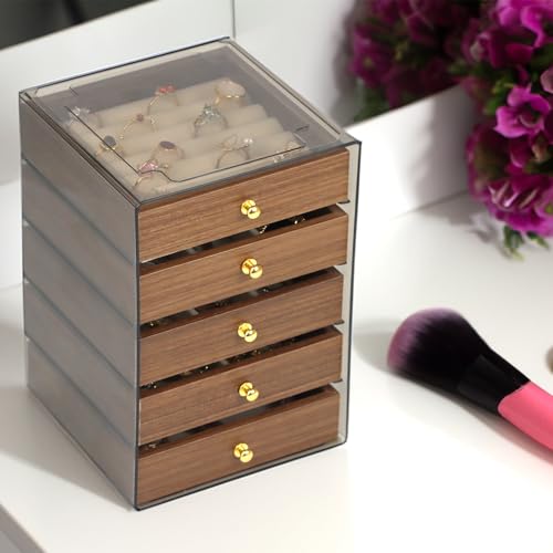 Fordonral Earring Jewelry Organizer Box with 5 Drawers, Plastic Jewelry Storage with Asjustable Velvet Trays, Multiple Display Holder for Earrings Ring Bracelet Necklace (Small-5-Drawer)