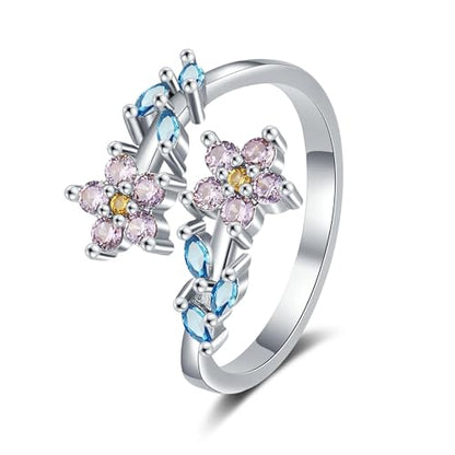 Adjustable Leaf Stackable Rings for Women Cubic Zirconia Stones Blue Leaves Purple Flower Open Band Stacking Finger Sliver Rings Fashion Plant Floral Aesthetic CZ Jewelry - color: flower leaf