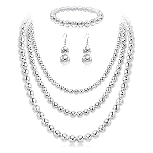 Cryshimmer Pearl Choker Necklace for Women Faux Pearl Beads Strand Necklace Earring Set Costume Jewelry,Gift for Wife Mother - color: Silver Set-3