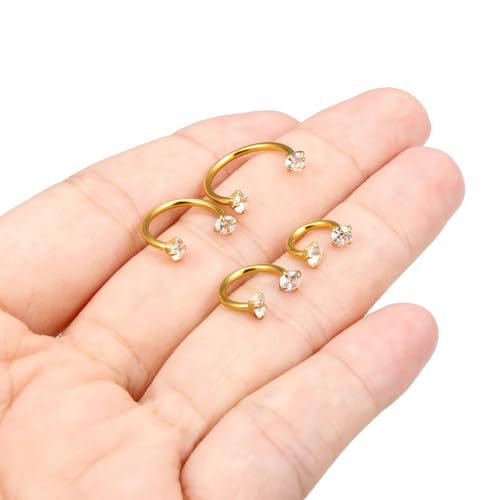 Horseshoe Nose Ring Surgical Steel Double Stud Nose Ring 16g Lip Rings Cubic Zirconia Daith Piercing Jewelry for Women Inner Diameter 6/8/10/12mm - color: 16g,inner DIA.6/8/10/12mm,goldtone