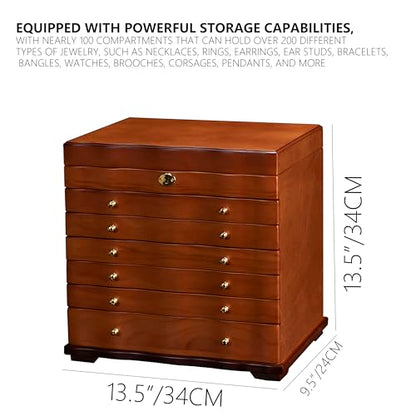 Solid Wood Jewelry Box w/Lock, 9-Layer Large Storage Organizer | Wooden Jewelry Cabinet for Women, 100+Compartments Armoire, Velvet Lining Drawers, Wavy Curved Glossy Brown Rustic Gift - style: Rustic