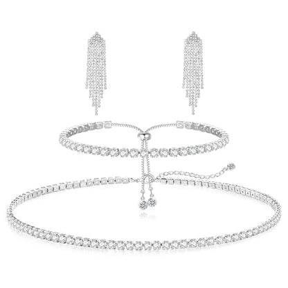 HAXIYA Tennis Necklace Bracelet for Women, Sterling Sliver Jewelry Set, Silver/Gold Chocker Necklace, Crystal Bracelet for Women, Wedding Jewelry for Bride, Sparkly Party Prom Hypoallergenic - color: Tassle Set of 3 - Silver