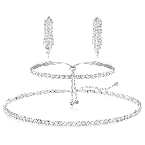 HAXIYA Tennis Necklace Bracelet for Women, Sterling Sliver Jewelry Set, Silver/Gold Chocker Necklace, Crystal Bracelet for Women, Wedding Jewelry for Bride, Sparkly Party Prom Hypoallergenic - color: Tassle Set of 3 - Silver