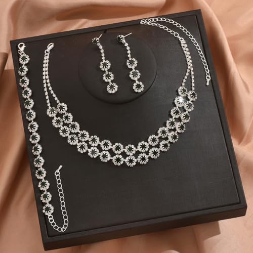 Rhinestone Bridal Wedding Jewelry Set，Crystal Necklace Earrings Bracelet Sets Formal Costume Jewelry for Women and Brides - color: GREEN