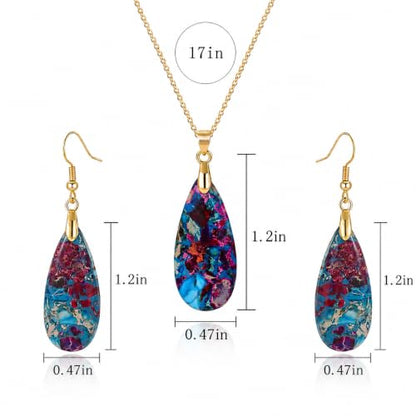 Natural Healing Stone Necklaces for Women Boho Crystal Drop Earrings Set Unique Emperor Stone Pendant Necklace for Birthday Party Jewelry Gift - color: Rainbow Blue - Gold Hook