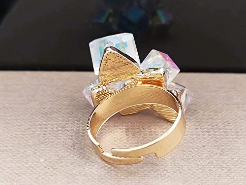 Hebelee Boho Square Crystal Statement Ring for Women Adjustable | Gold-Toned Expandable Promise Engagement Geometric Rings Comfort Fit Elegant Art Deco Christmas Cocktail Y2K Jewelry - color: AB Crystal