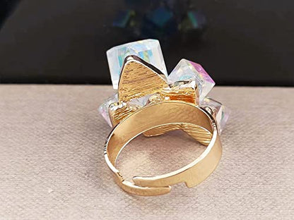 Hebelee Boho Square Crystal Statement Ring for Women Adjustable | Gold-Toned Expandable Promise Engagement Geometric Rings Comfort Fit Elegant Art Deco Christmas Cocktail Y2K Jewelry - color: AB Crystal