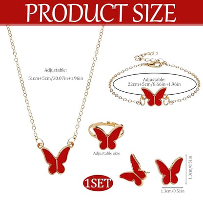 Butterfly Jewelry Set, Including Butterfly Necklace, Bracelet, Stud Earrings, and Adjustable Ring for Women - color: Red
